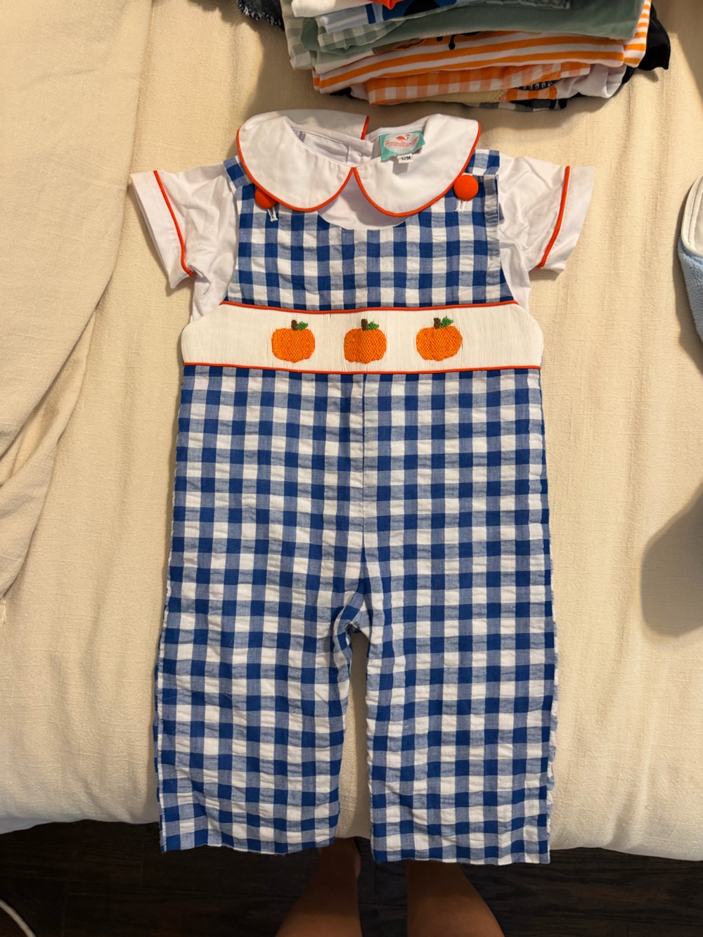 Blue Gingham Pumpkin Smocked Kids Romper